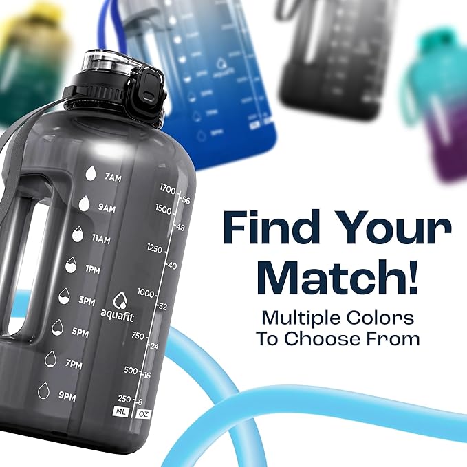 AQUAFIT Half Gallon Water Bottle with Time Marker - Straw & Chug Lid - BPA Free Gym Water Bottle with Straw - Big Gallon Jug (Nebula, 64 oz - 2in1 Lid)