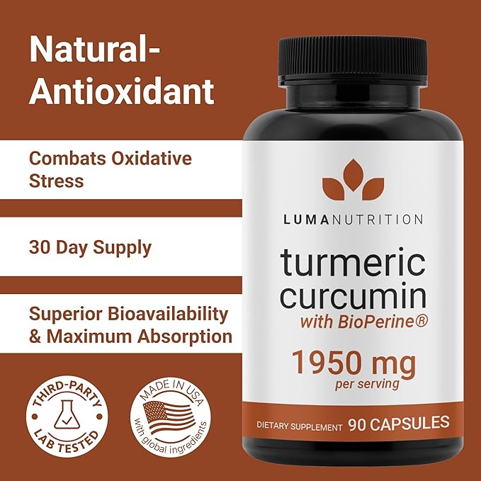 Luma Nutrition Turmeric Curcumin with Black Pepper - 95% Curcuminoids - 1950mg Per Serving - Premium Turmeric Supplement - with BioPerine for Max Absorption - Made in USA - 90 Capsules