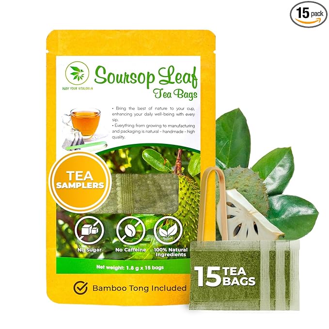 Soursop Graviola Leaf Tea Samplers - 15 Count, Bamboo Tong Included, No Sugar Added, No Caffeine, Re-Steep Morning Herbal Detox Tea for Relax & Refreshing, Hoja De Guanabana Mini Tea Bags
