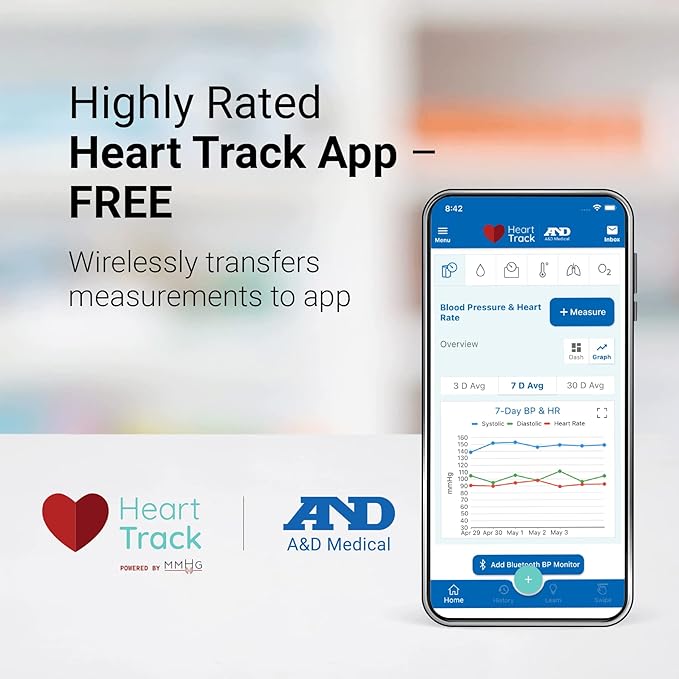 A&D Medical UltaConnect Smart Blood Pressure Monitor for Home Use, UA-1200BLE, Upper Arm Cuff (8.6-16.5" / 22-42cm), 5 Users + 1 Guest. Bluetooth, Portable, iOS & Android Compatible, Rechargeable