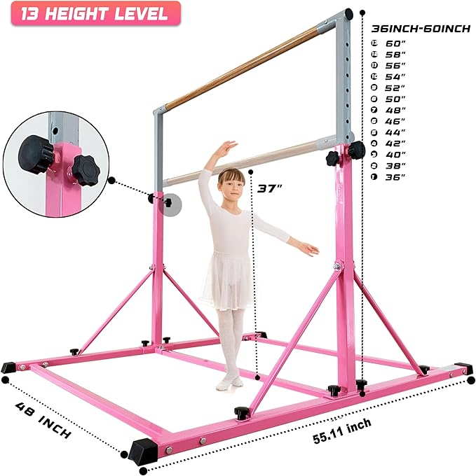 Gymnastic Bar for Kid and Teenage Ages 3-25, 5 FT / 6 FT Base Length, 5 FT / 6 FT Height, Gymnastic Kip Bar Horizontal Bar for Gymnast, Gymnastic Training Equipment for Home and Club Use