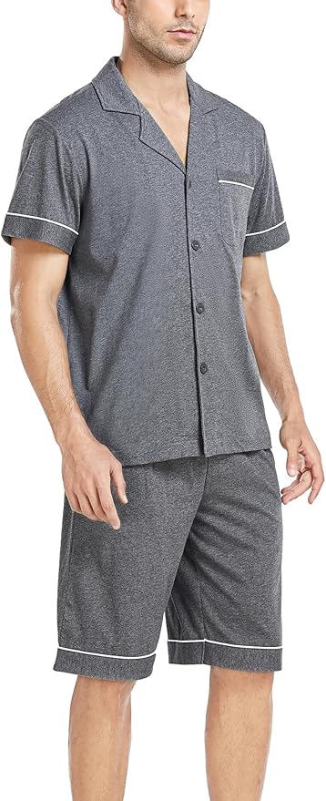 COLORFULLEAF Men's 100% Cotton Short Sleeve Pajama Sets Button Down Notched Collar Sleepwear Soft Lounge Pjs with Pockets
