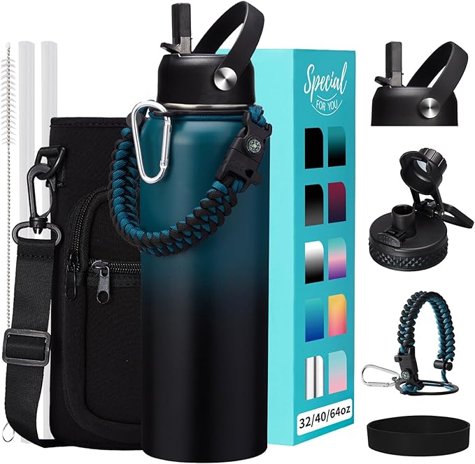 32 40 64OZ Insulated Water Bottle - Keep Cold 48H Hot 24H, Combo Straw & Spout Lids, Survival Paracord Handle, Bottle Carrier Bag w/Strap, Protective Cup Mat, Stainless Steel Flask Jug