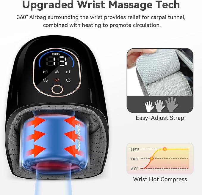 KingPavonini Hand Massager with Heat and Compression, Wrist Heating & Air-Compression, Palm Rolling, Cooling Fan, Cordless Wrist and Hand Massager for Arthritis and Carpal Tunnel, Gift for Women Men
