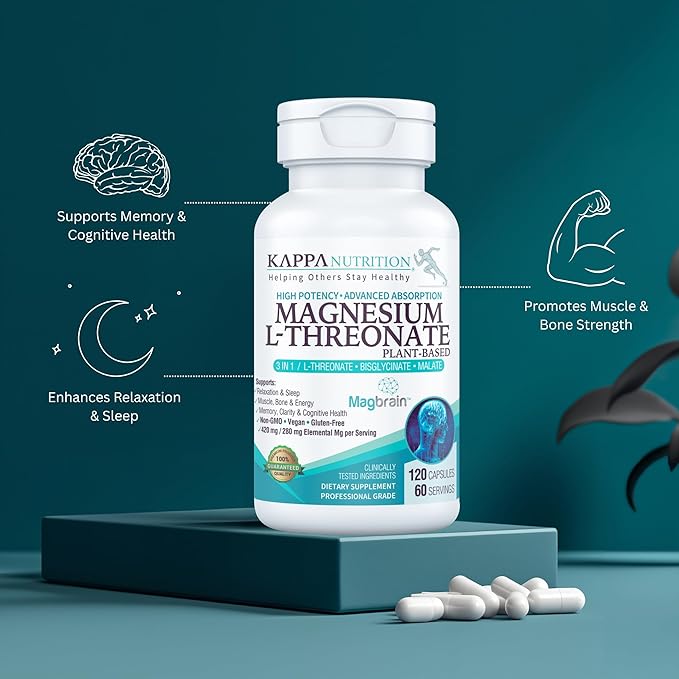 Kappa Nutrition Powered by Magbrain™ Magnesium L-Threonate Plant-Based, 420mg Elemental Magnesium (3 Capsules) from 2,253mg, 120 Vegan Capsules, Brain, Sleep & Muscle Support.