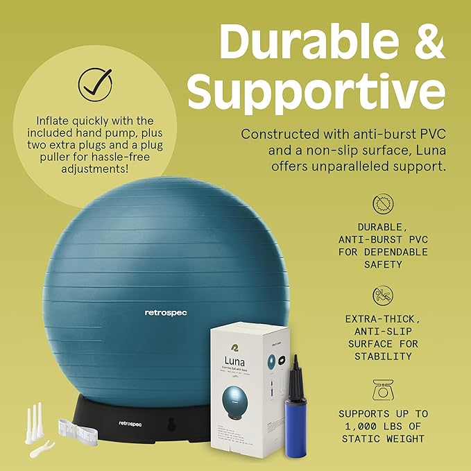Retrospec Luna Exercise Ball with Pump - Anti-Burst Fitness Equipment for Yoga, Core Training & Stability - Home Gym Swiss Ball for Office & Pregnancy