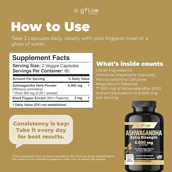Ashwagandha Supplements for Women and Men 6000mg | Sleep, Mood and Energy Support | Extra Strength, Vegan Friendly, Non-GMO, Made in USA