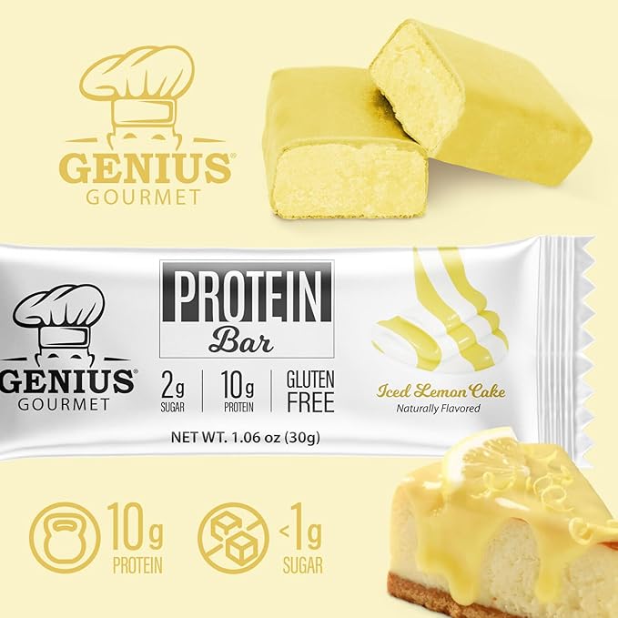 Genius Gourmet Protein Bar, Iced Lemon Cake, Keto Snack, Low Carb, Low Sugar & Gluten Free, Protein Snacks for Adults, 10G of Whey Protein per Protein Bar, 5 Net Carbs, 10 Count