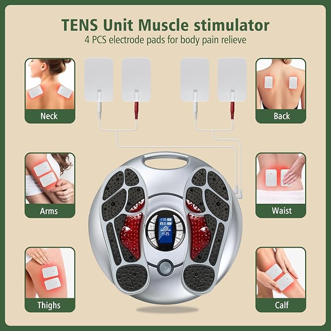 EMS Foot Massager for Neuropathy, TENS Electronic Muscle Circulation Stimulator with 4 Electrode Pads,Relieves Swelling, Fatigue, Plantar Fasciitis Silver