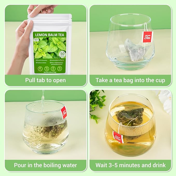 Lemon Balm Tea, 100% Pure & Natural Lemon Balm Leaves Herbal Tea Bags, Promotes Relaxation & Aid In Digestion, Caffeine Free, Non-GMO, Additives Free(1 Pack/50 Bags)
