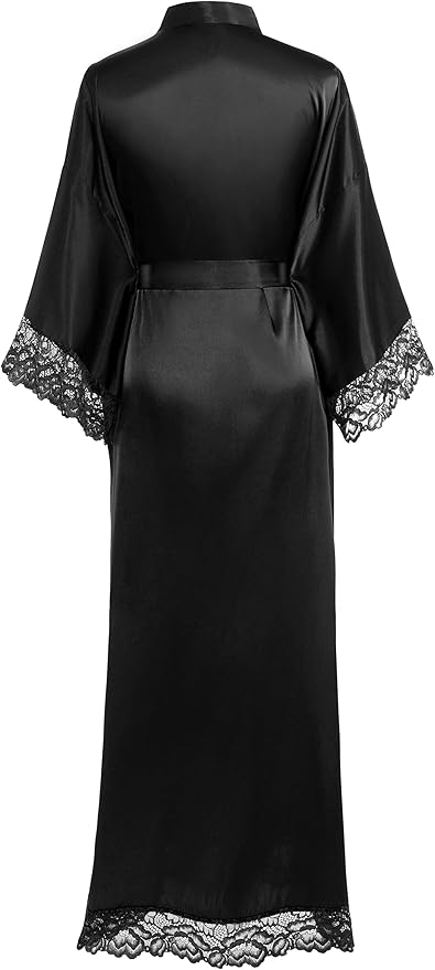 BABEYOND Satin Kimono Robe Silky Long Bridesmaid Wedding Lightweight Bath Robe with Lace Trim