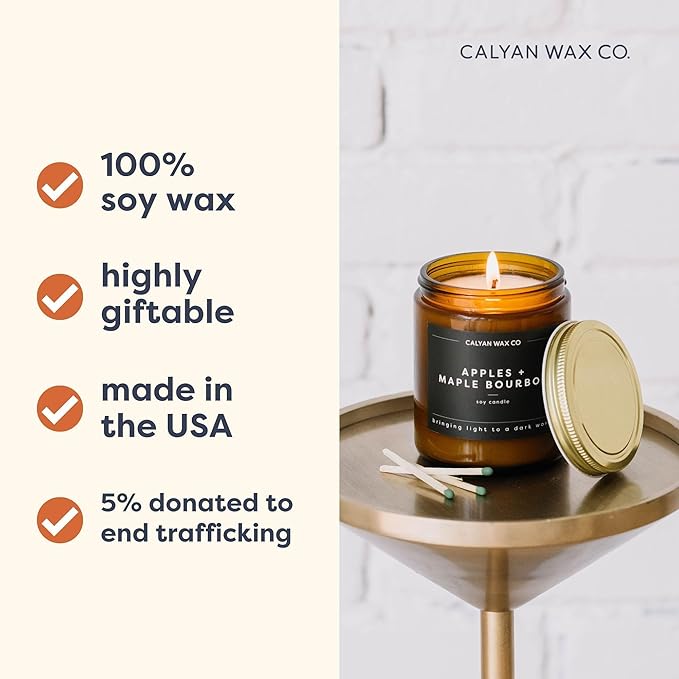 Calyan Wax Co. Soy Wax Candle, Smoke + Leather Scented Candle, 57 Hour Burn Time, Aromatherapy Soy Candles, Non Toxic & Vegan Soy Wax, Amber Glass Jar Scented Candles, 7.2oz