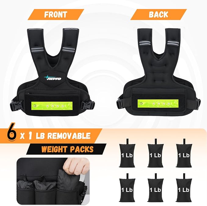 Adjustable Weighted Vest for Women Men, 6-15 Lbs Rucking Vest with LED Light Strips, Weight Vest with 6 Ironsand Weights, and Zipper Pocket for Strength Training, Walking, Running