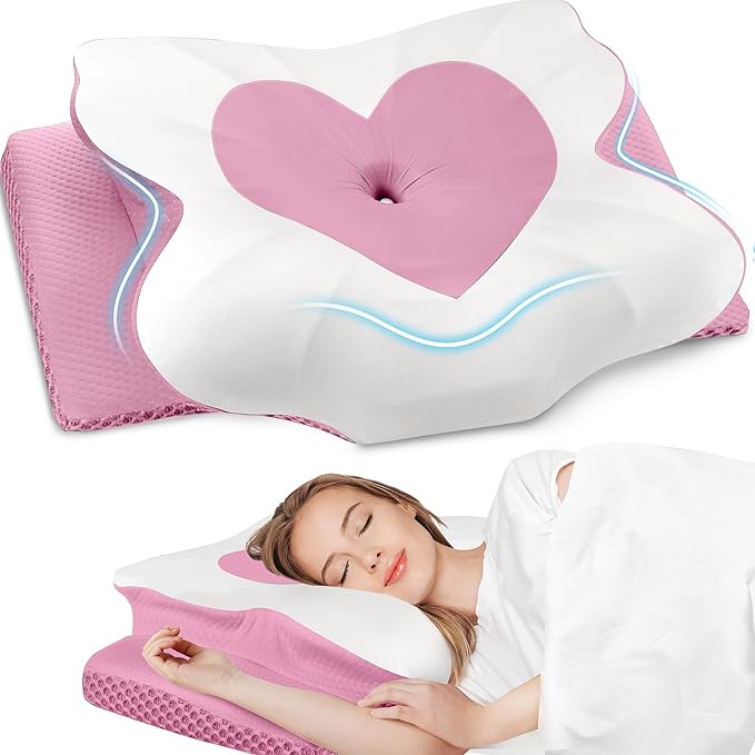 Cervical Neck Pillow, Memory Foam Neck Support Pillows for Sleeping, Shoulder Pillow for Side Sleepers, Back Stomach Sleepers, CertiPUR-US Certified, King Size, Pink