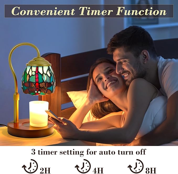 Candle Warmer Lamp Tiffany Style Dragonfly, with Timer Dimmer Adjustable Height, Stained Glass Candle Warmer Lamp with 2 Bulbs, Vintage Home Decor Gift, Wax Melt Warmer for Scented Jar Candles