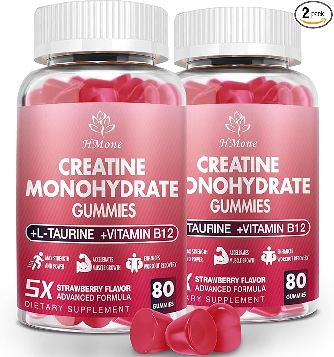Creatine Monohydrate Gummies - 5g for Men & Women, 160 Count and Creatine Chewable Supplements for Muscle Gain, Muscle Strength, Energy Boost, and Muscle Builder, Sugar Free, Vegan (Strawberry)