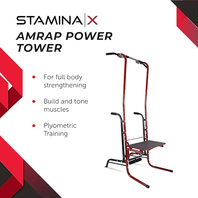Stamina Power Tower - Dip Bar Pull Up Bar Station with Smart Workout App - Dip Bars for Home Workout - Up to 250 lbs Weight Capacity