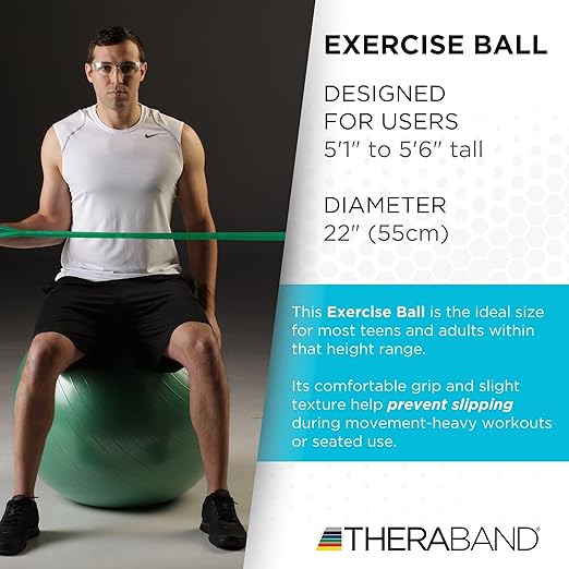 THERABAND Exercise Ball, Stability Ball with 65 cm Diameter for Athletes 5'7" to 6'1" Tall, Standard Fitness Ball for Posture, Balance, Yoga, Pilates, Core, & Rehab, Green