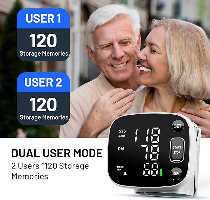 Blood Pressure Monitor Rechargeable Blood Pressure Monitors for Home Use Adjustable Automatic Wrist Cuff Voice Broadcast 2 * 120 Reading Memory for 2 Users with Carrying Case