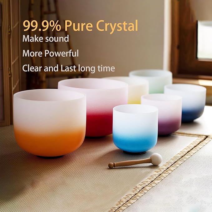 Hye-eun Crystal Singing Bowl Set 432hz,7-12 Inch Gradient Colored Quartz Singing Meditation Sound Bowls Set of 7pcs with Carrying Case for Yoga Sound Healing