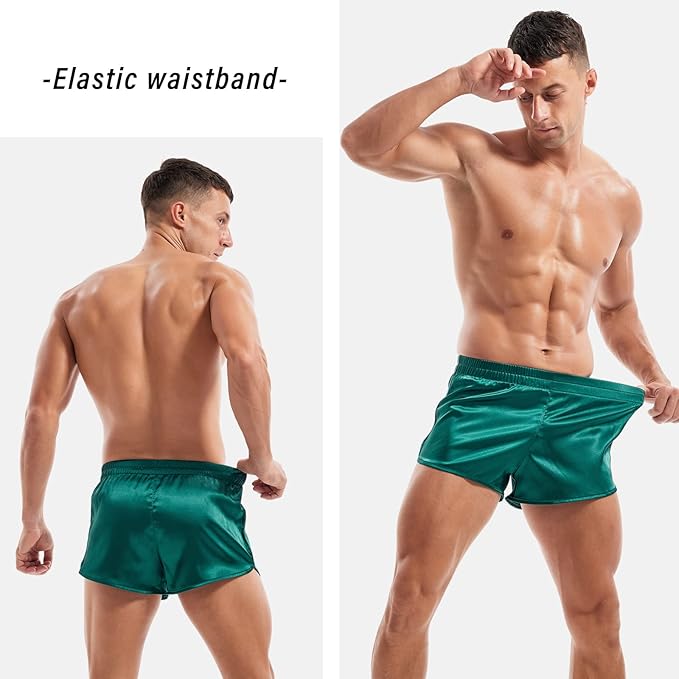 AMY COULEE Mens Satin Shorts Silk Boxers Sexy Split Side Lounge Shorts 3 Inch Pajama bottoms