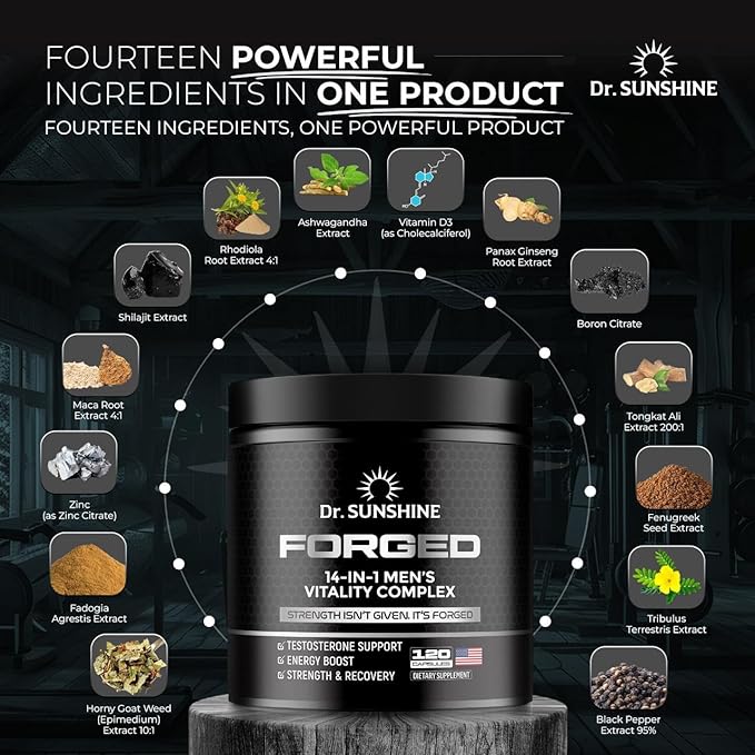 DR. SUNSHINE Forged 14 in 1 Men's Vitality Complex | Shilajit for Men, Energy & Focus Support, Strength, Mood & Recovery with Ashwagandha, Tongkat Ali, Fenugreek Capsules & More | 120 Capsules