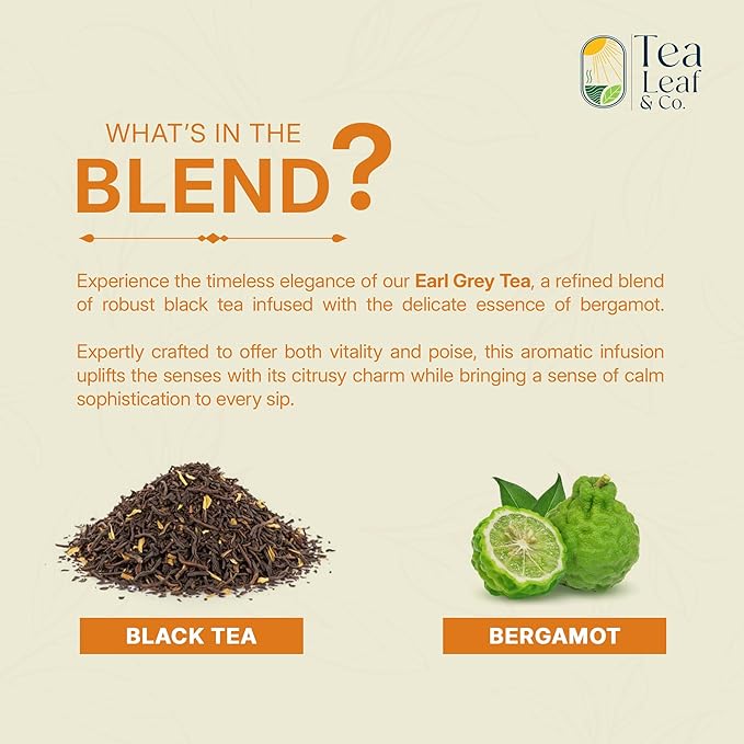 Tealeaf & Co. Earl Grey Black Tea Blended with Bergamot Extract (Loose Leaf Form) - Premium Sweet & Sour Flavored Tea - Contains Low Caffeine - Upto 50 Servings (3.52oz/100gm)