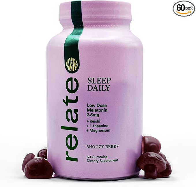 Relate Sleep Daily Gummies - Mushroom-Infused Sleep Support with Low-Dose Melatonin, Magnesium, L-Theanine, Lion's Mane, Reishi, Cordyceps, and Turkey Tail Mushrooms - Vegan, Made in USA - 60 Count