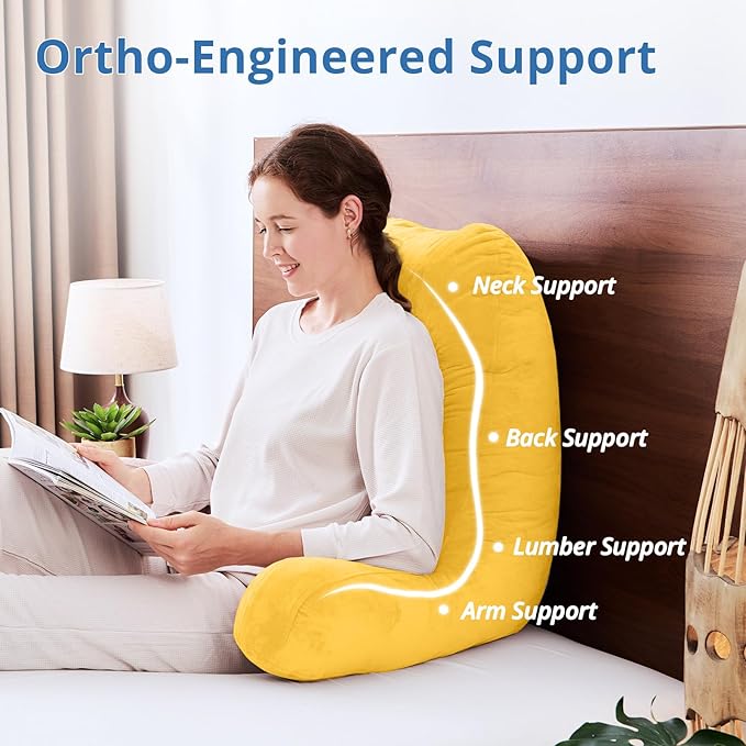 Sasttie 25-inch Reading Pillows for Sitting in Bed Adult, Jumbo Velvet Back Pillow Bed Sitting Up, XL High Back-Rest Support Cushion for Sit Up on Couch & Floor, Oeko-Tex Certified, Yellow