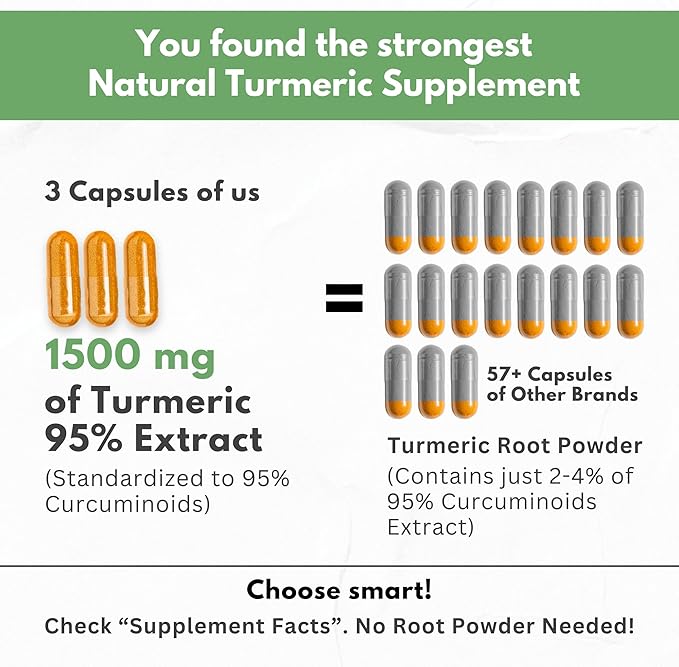 Turmeric Curcumin Extract 1500mg – Full Dose of 95% Curcuminoids with Black Pepper Ginger & Cinnamon – High Absorption Turmeric Supplement – Non-GMO Natural Capsules