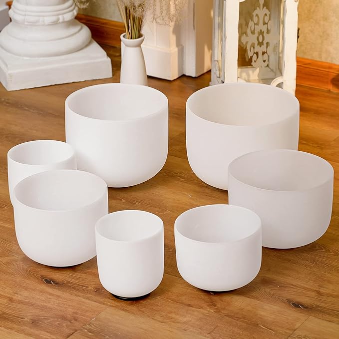 Hye-eun 432hz Crystal Singing Bowls Set,6-12 Inch Quartz Frosted Sound Bowls Set of 7 Pcs Chakra for Yoga Meditation with Heavy Duty Carrying Case