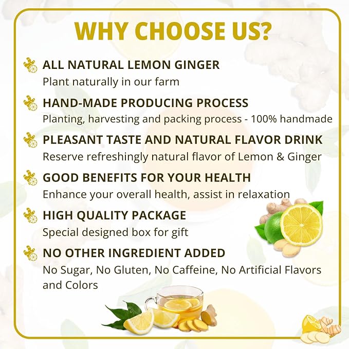 VIDA FARM 100 Lemon Ginger Tea Bags, 100% Natural Ingredients - Warming & Spicy Blend, Caffeine Free, Sugar Free, Non-GMO, Lemon & Ginger Herbal Tea Beverage