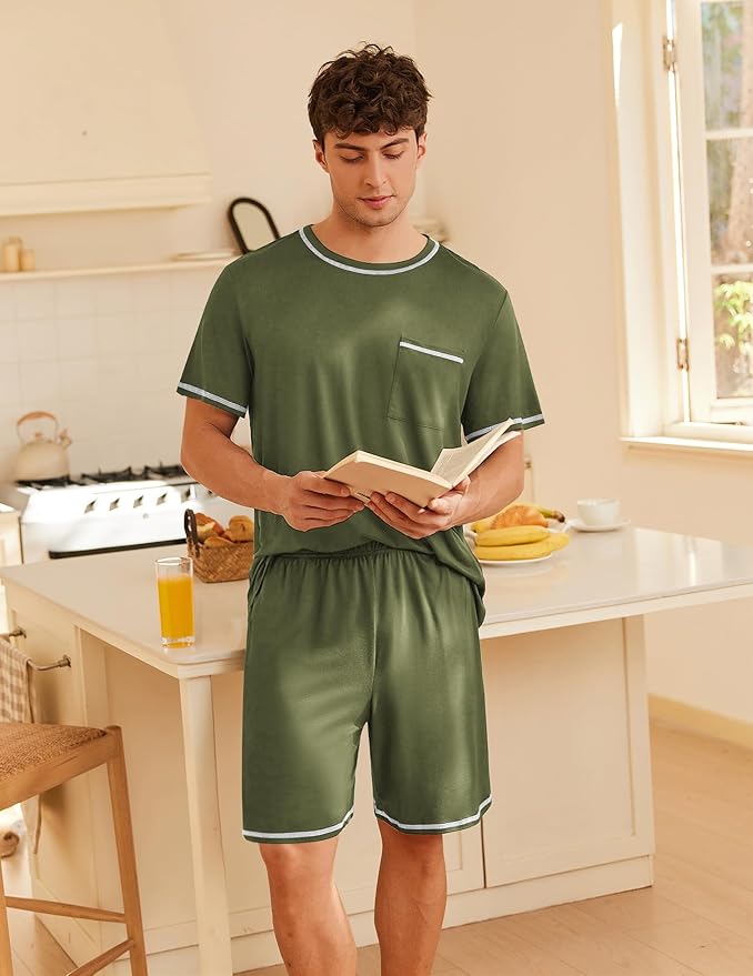 Ekouaer Men's Pajamas Set Casual Short Sleeve Shirts and Shorts Soft 2 Piece Loungewear With Pockets