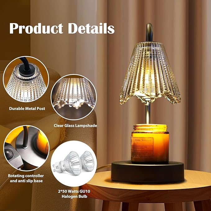 Black Candle Warmer Lamp, Electric Candle Warmer with Dimmable Light, Scented Wax Melter, No Smoke, with 2 Light Bulbs, Wax Melt Warmer for with Small Scented Candles, Home Decor