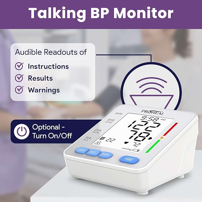 Blood Pressure Monitor for Home Use with Large Upper Arm Cuff - Automatic Talking Pulse and BP Machine with 240 Memory Recalls for 3 Users - Carrying Bag and Batteries Included, Backlit Digital LCD