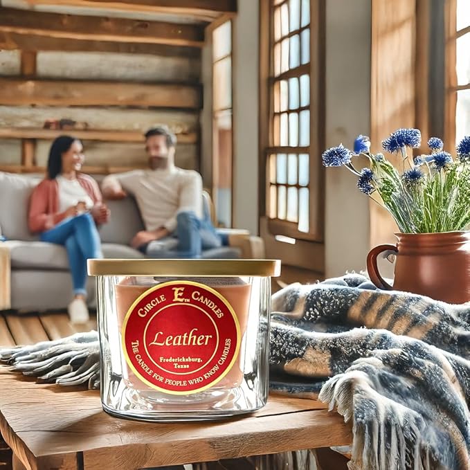 Circle E Candles, Leather Scent, Medium Size Jar Candle, 22oz, 2 Wicks
