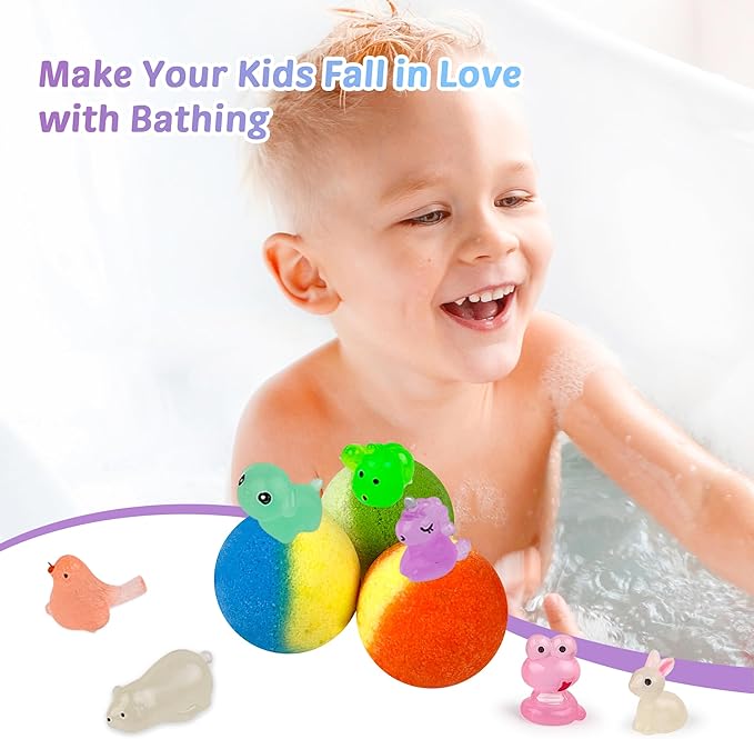 Bath Bombs for Kids, 12 Pcs Bath Bombs with Glow in The Dark Animal Surprise Inside, Handmade Organic Bubble Bath Ball Gift Set for Boys and Girls, Gift for Birthday Christmas Easter