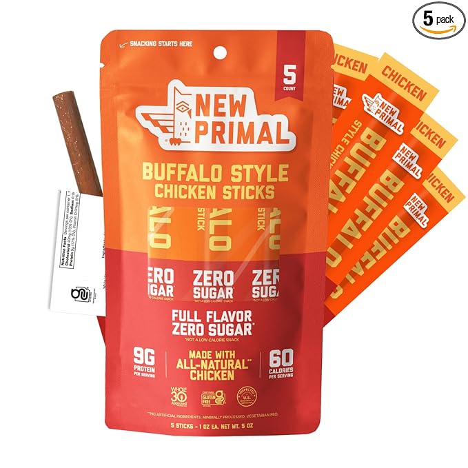 New Primal Buffalo Chicken Sticks, Keto, Gluten Free Healthy Snacks, Sugar Free Low Carb High Protein, Jerky Meat Stick, 9g Protein, 5 Pack