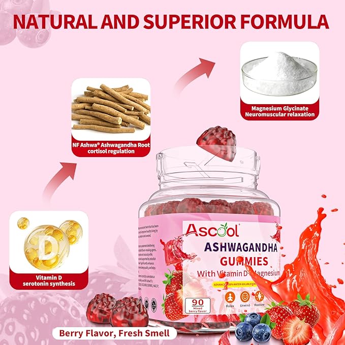 Ashwagandha Gummies, Sugar Free Ashwagandha Root Extract with Vitamin D & Magnesium, 90ct Vegan, Non-GMO, Gluten & Gelatin Free