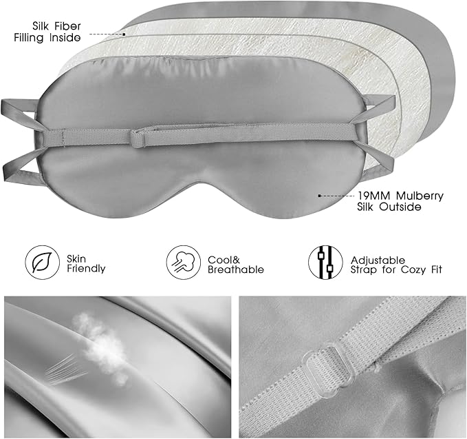 Adjustable Silk Eye Mask for Side Sleep/Travel/Plane Large Mulberry Silk Night Mask for Sleeping for Men/Women/Adults/Teens/Big Head,Silver Gray