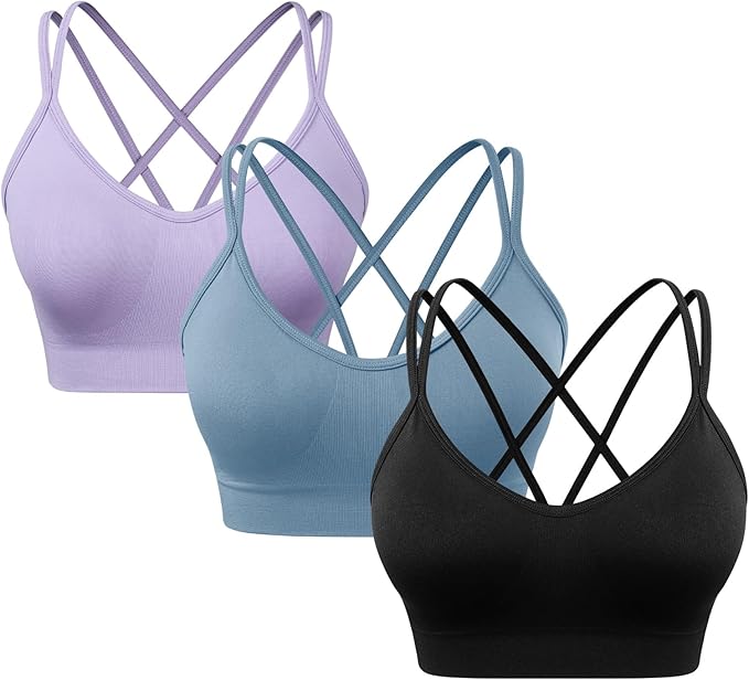 Women's Cross Back Sports Bra Padded Strappy Medium Support Yoga Bra for Workout Fitness 3 Pack