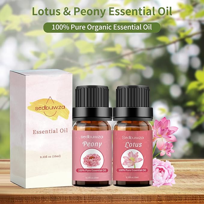Sedbuwza Peony Lotus Essential Oil Set, Peony Fragrance Oil Lotus Scent Oil Set for Diffuser, Aromatherapy, Massage, Soap, Candle Making 2 x 10 ml