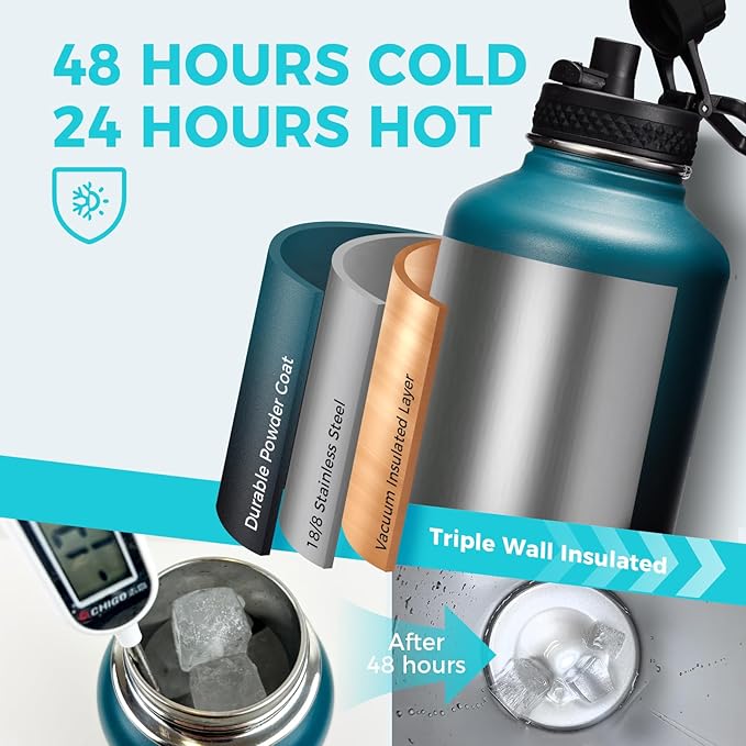 Half Gallon Water Bottle Insulated - 64 oz Water Bottle with Straw Spout Lid, Strap Carrying Sleeve, Paracord Handle, Leak Proof Metal Water Flask for Workout Sport Hiking Gym,Thermo Mug