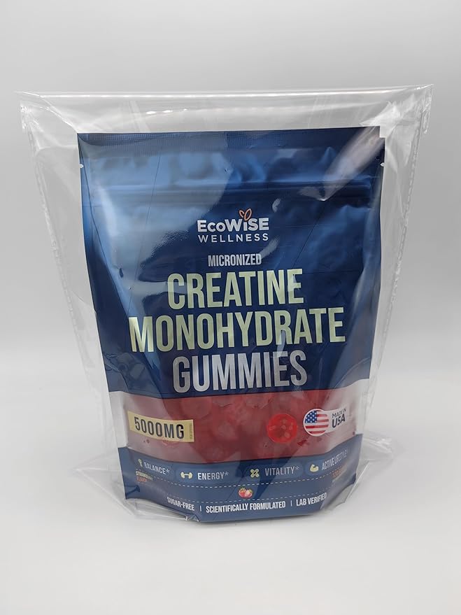 EcoWise Wellness Creatine Monohydrate Gummies 5000 mg, Strawberry Flavor, 120 Sugar-Free Vegan Chews, Creatine Supplement for Daily Routine, Pack of 2