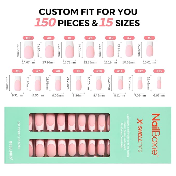 modelones French Tip Press on Nails, 150Pcs Long Square Fake Nails with Nail Box, Pink & White Gel Nail Tips for Women, Soft Glue-On Nails for Natural Salon Look, DIY Nail Art Kit (15 Sizes)