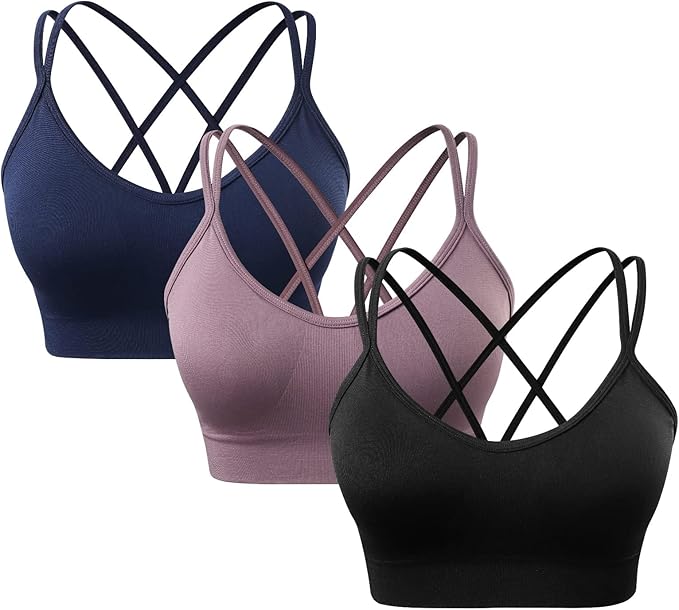 Women's Cross Back Sports Bra Padded Strappy Medium Support Yoga Bra for Workout Fitness 3 Pack