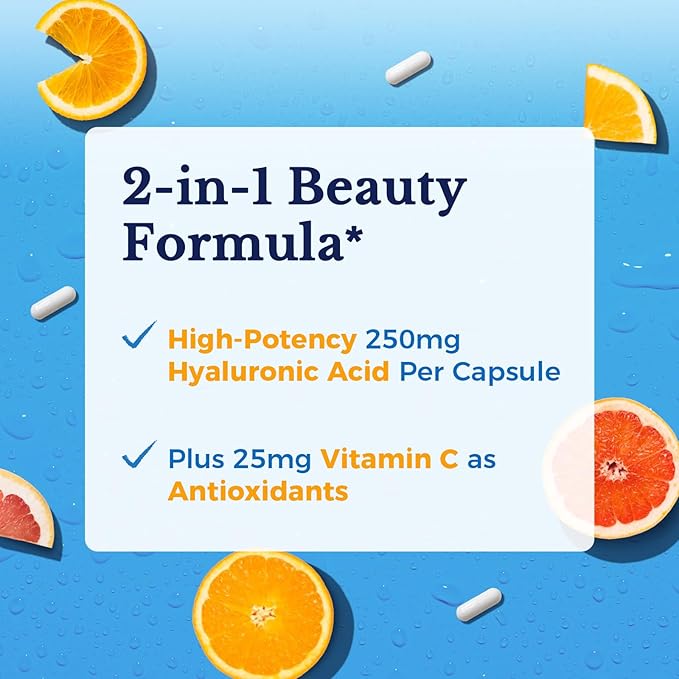 Vitalitown Hyaluronic Acid Supplements 250 mg, Plus 25 mg Vitamin C, Naturally Derived & High Bioavailability, Skin Hydration, 90 Vegan Capsules, 3 Month Supply