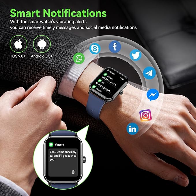 Smart Watch for Men Women, 1.85" HD Touchsreen Fitness Tracker, 120+ Sport Modes, 24/7 Heart Rate & Sleep Monitor, Pedometer, Calories, IP68 Waterproof, Fitness Watch for Android iPhone (Blue)