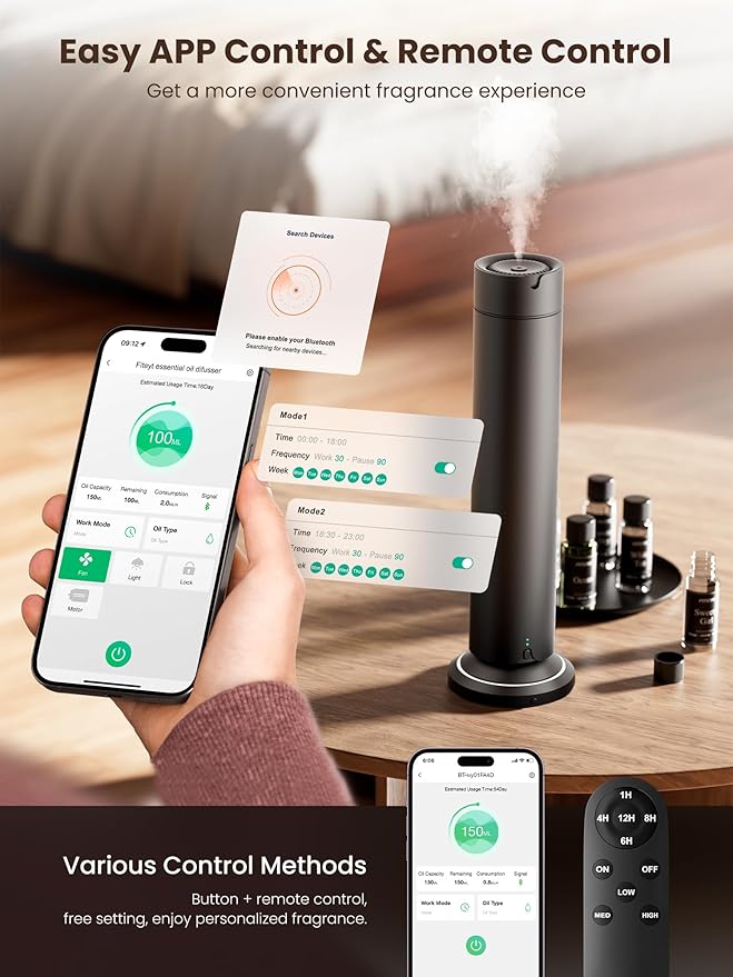 Waterless Scent Diffuser Kit Include 5x20ml Essential Oils, Essential Oil Diffuser for Home, Hotel & Office, APP&Remote Control, Quiet Operation, Pets and Kids Friendly, Max Coverage 1500 Sq Ft