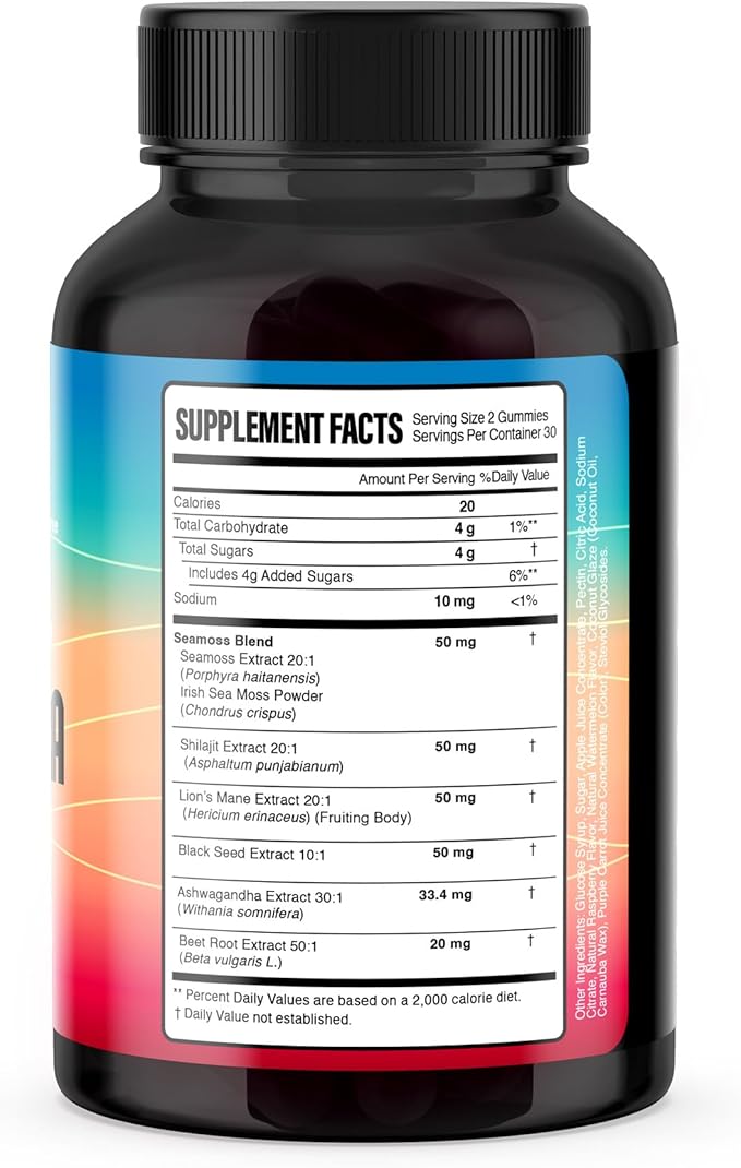 KJHD 2 Pcs Shilajit Ashwagandha Gummies with Sea Moss, Beet Root, Lion’s Mane Mushroom & Black Seed Oil – Organic Herbal Superfood Supplement – 120 Vegan Gummies